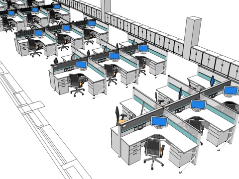  办公桌 工位 屏风卡位 办公椅 文件柜su模型 