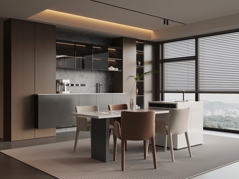 现代简约餐厅 酒柜 餐边柜 餐桌椅 岛台su模型