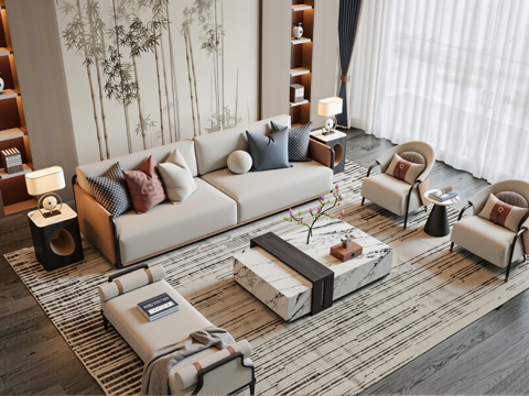 现代新中式客厅su模型