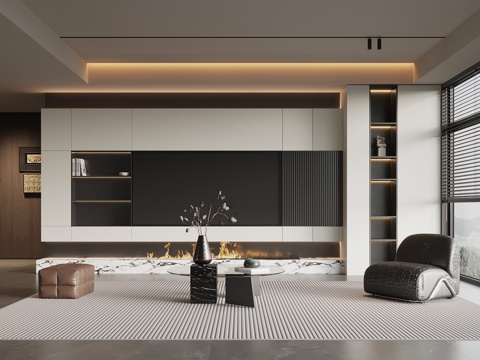  现代意式客厅 电视背景墙 电视柜 沙发茶几组合su模型 