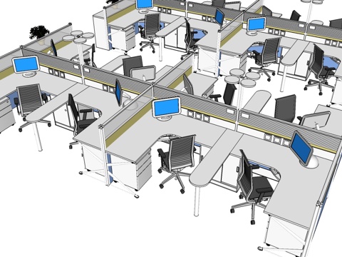 办公桌 工位 屏风卡位 办公椅su模型
