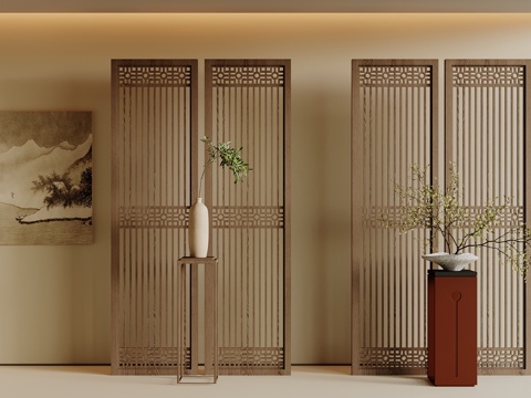 新中式屏风隔断 木制屏风 花架花瓶 置物架su模型