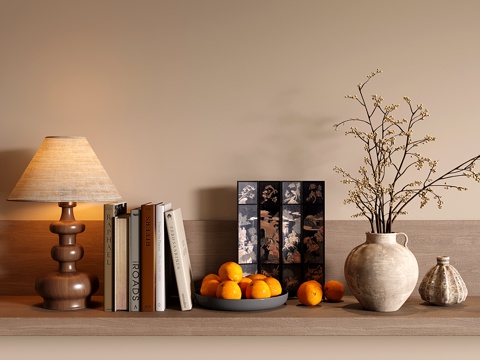 中古侘寂饰品摆件 花艺 台灯 屏风 书籍水果盘su模型