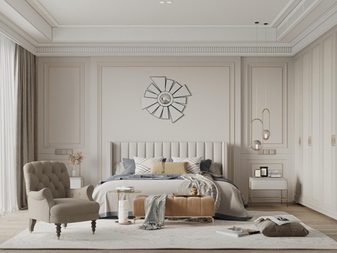  法式简欧风卧室 床头背景墙 石膏线背景墙 衣柜 双人床3d模型 