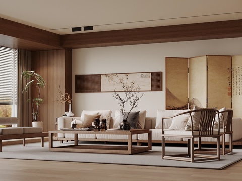 宋式美学客厅 沙发背景 装饰屏风 沙发茶几组合su模型