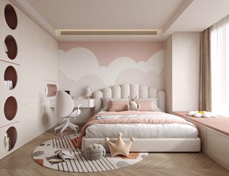 现代女孩房 儿童房 儿童床su模型