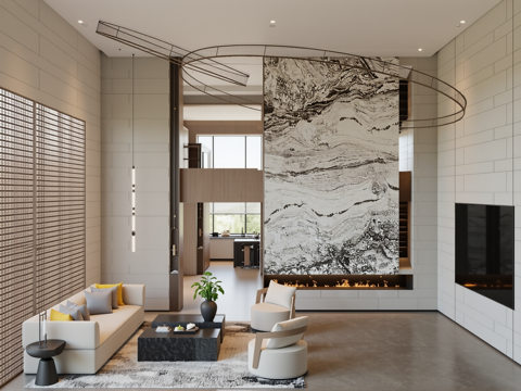 现代轻奢挑高别墅客厅su模型