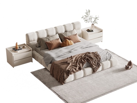  现代奶油风双人床 床头柜3d模型 