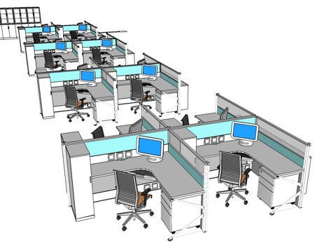 办公桌 工位 屏风卡位 办公椅su模型