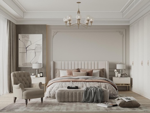  法式简欧风卧室 床头背景墙 石膏线背景墙 衣柜 双人床3d模型 