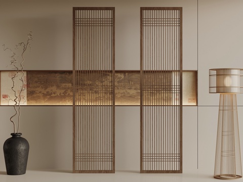 宋式背景墙 宋式屏风隔断 落地灯 盆景su模型