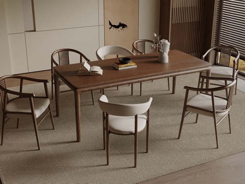 宋式餐桌椅组合 宋式餐厅 木制餐桌 木制餐椅su模型