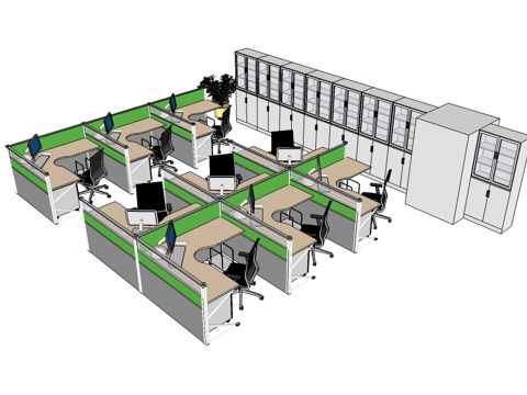  办公桌 工位 屏风卡位 办公椅 文件柜su模型 