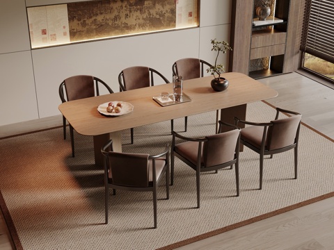 宋式餐桌椅组合 宋式餐厅 木制餐桌 木制餐椅su模型