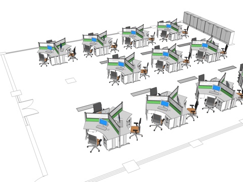  办公桌 工位 屏风卡位 办公椅 文件柜su模型 