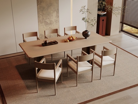 宋式餐桌椅组合 宋式餐厅 木制餐桌 木制餐椅su模型