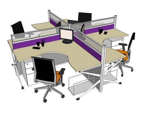 办公桌 工位 屏风卡位 办公椅su模型