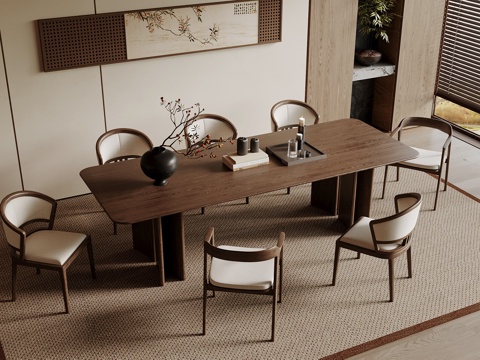 宋式餐桌椅组合 宋式餐厅 木制餐桌 木制餐椅su模型