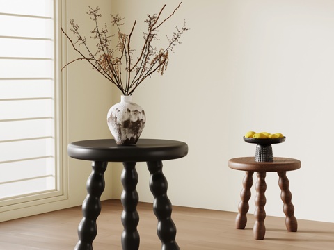 法式复古边几 实木边几 圆几su模型