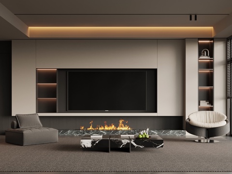 现代简约客厅 电视背景墙 电视柜 沙发茶几组合su模型