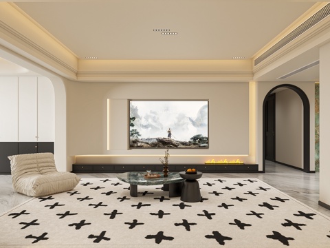  奶油风法式客餐厅3d模型 