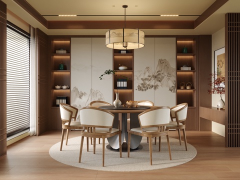 新中式餐厅 餐桌椅 餐厅吊灯su模型