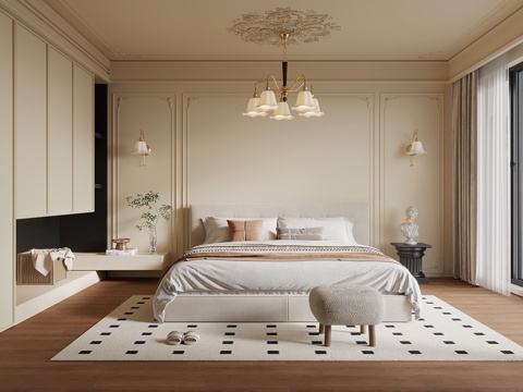  法式复古风卧室 双人床 衣柜3d模型 