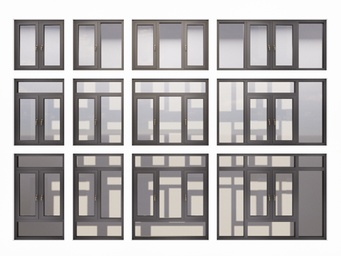 现代门窗组合 断桥铝合金门窗 铝合金平开窗 落地门窗su模型