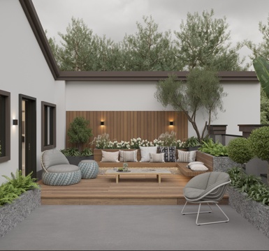  现代奶油风庭院花园 屋顶花园 露台景观 休闲转角卡座 软包抱3d模型 