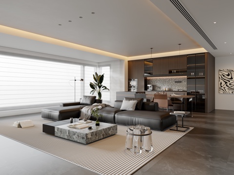 现代意式客餐厅 沙发茶几 餐桌椅 吊灯 餐边柜 酒柜su模型