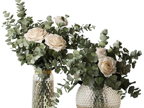  两束玫瑰与桉树枝插在白色花瓶中3d模型 