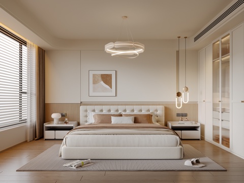  现代奶油风卧室 布艺双人床 床头柜 吊灯 挂画 地毯3d模型 