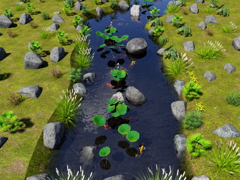 现代滨水河道景观 溪流自然跌水 自然生态鱼池 野外河流水景su模型