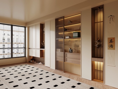 新中式入户玄关柜su模型