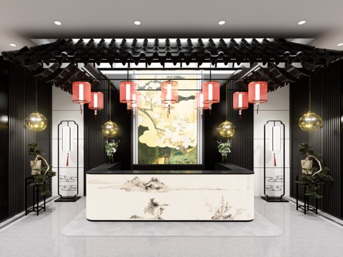 酒店前台 中式新中式简约风su模型