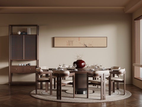 新中式餐桌 博古架su模型