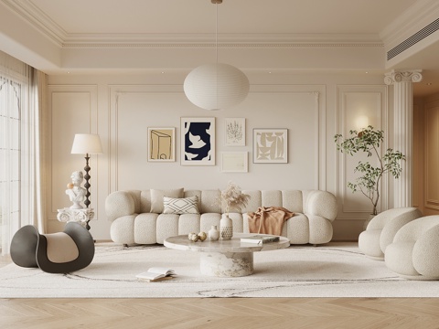 法式奶油风客厅 沙发背景墙 沙发茶几组合su模型