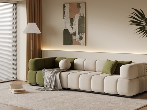 法式奶油风多人沙发 直排沙发 落地灯su模型