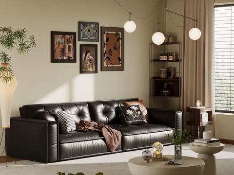 法式复古风多人沙发 直排沙发 皮质沙发su模型