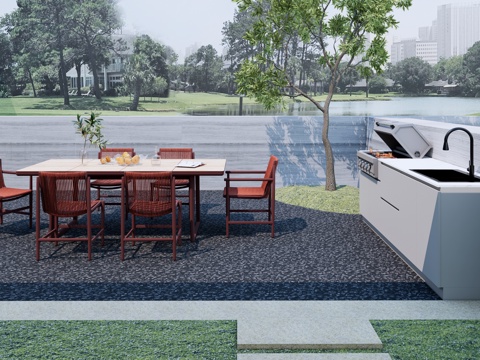 现代禅意 日式花园 户外餐桌椅 洞石岩板餐桌 户外烧烤操作台su模型