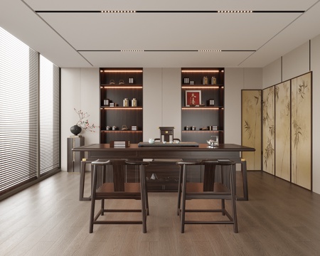 中式茶室 书房 茶桌椅 书桌椅su模型