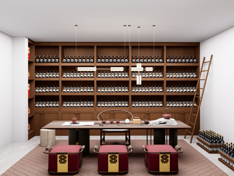 新中式酒窖空间 别墅地下室酒窖 酒室酒柜酒庄 红酒白酒陈列柜su模型