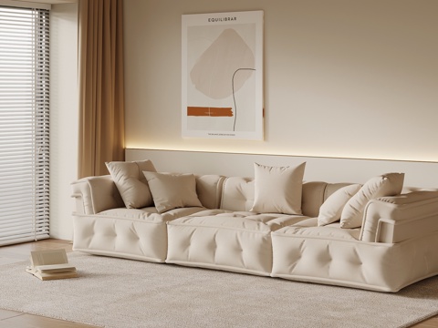 法式奶油风多人沙发 直排沙发su模型