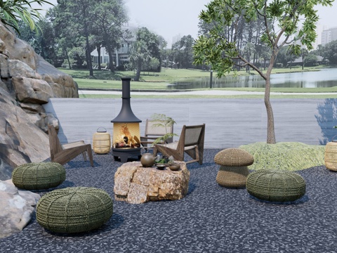 现代禅意 日式花园 户外火炉 休闲柚木椅 软包坐凳 坐墩 石su模型