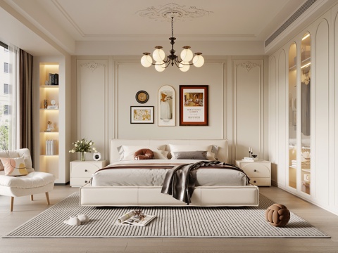 法式奶油风卧室 双人床 床头柜 衣柜su模型