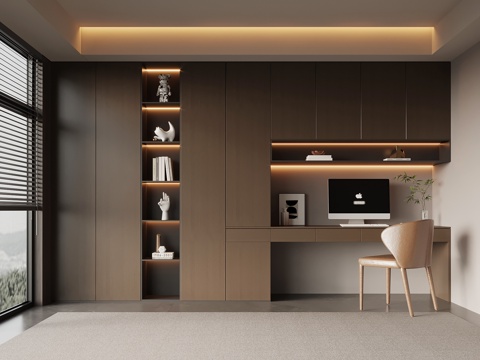 现代意式书柜 书桌椅 一体柜su模型