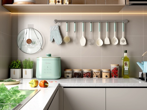  现代厨房摆件 厨具 餐具组合 厨房 电商小场景3d模型 