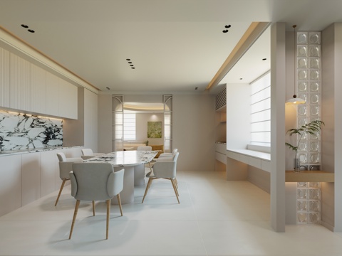  奶油风餐厅 餐边柜 水吧台 奶油风餐桌 玻璃砖隔断 现代餐厅3d模型 