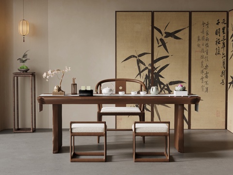 新中式茶桌椅su模型