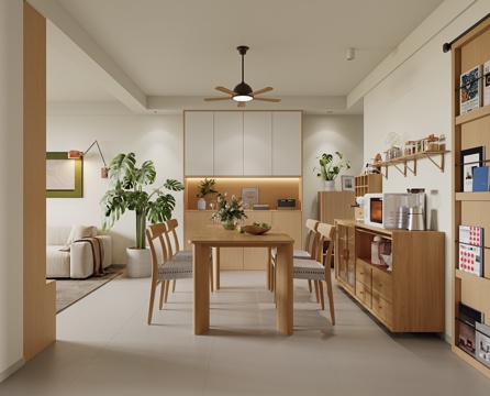 现代原木风餐厅 实木餐桌椅 四人餐桌椅 成品边柜 装饰柜su模型